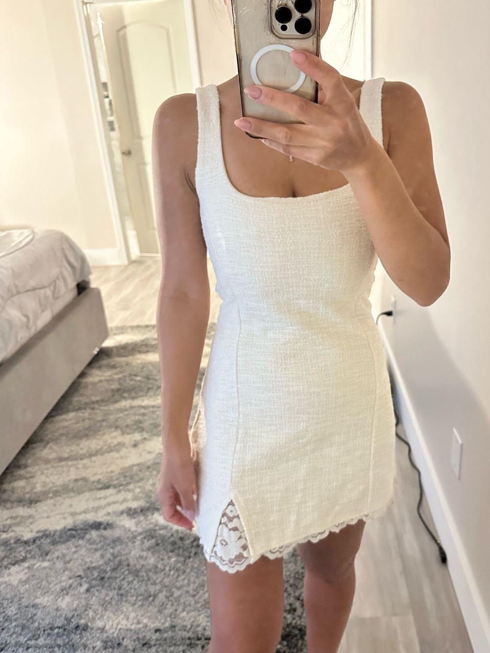 Zara Cream Square-Neck Tweed Mini Dress with Lace Trim